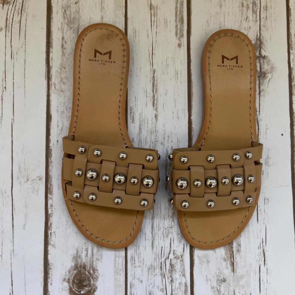Marc Fisher LTD Tan‎ Studded Slide Sandals Size 6M